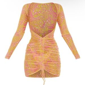 Prettylittlething Yellow Animal Mesh Ruched Dress size 8 swimsuit coverup